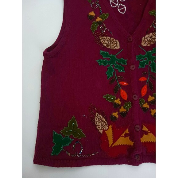 VTG Bobbie Brooks Burgundy Cotton Blend Fall Theme Knit Vest Sz L Applique Beads - Picture 4 of 7